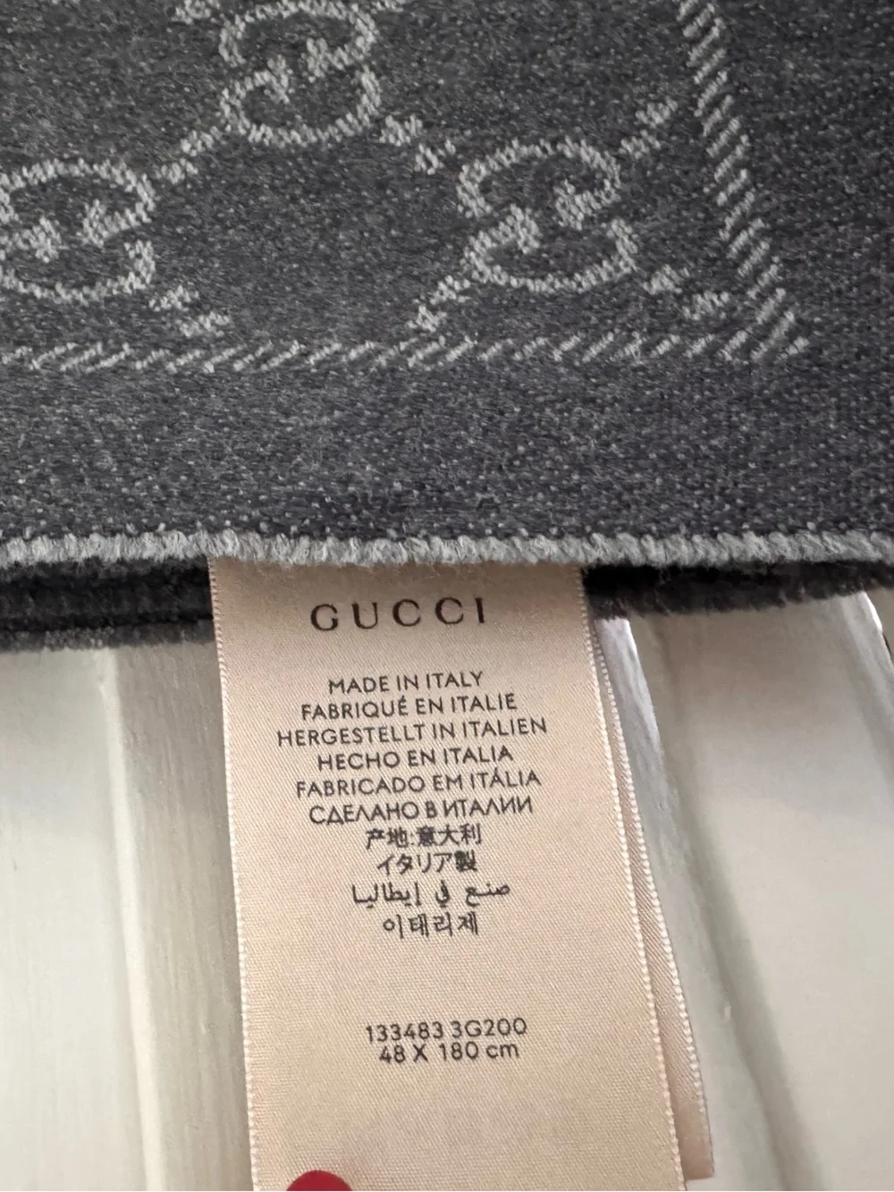 NEW Gucci ‘Sten’ GG Logo Wool Scarf - Charcoal Grey & Light Gray Contrast